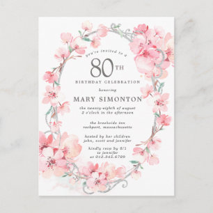 Blush Pink Cherry Blossom Floral 80th Birthday Invitation Postcard
