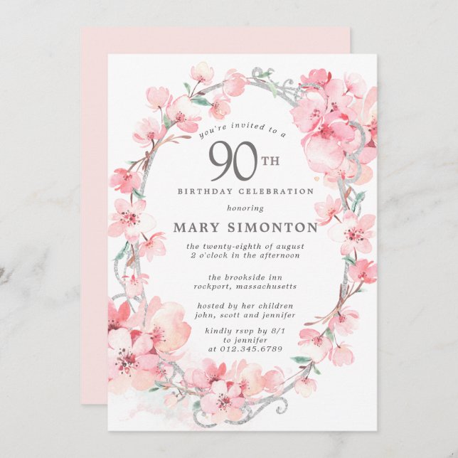 Blush Pink Cherry Blossom Floral 90th Birthday Invitation (Front/Back)