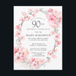 Blush Pink Cherry Blossom Floral 90th Birthday Invitation Postcard<br><div class="desc">Elegant oval silver frame is decorated with feminine sprays of blush pink cherry blossoms. Your 90th birthday party details are written in the centre in soft grey text. This birthday invitation coordinates with the 90th Birthday Cherry Blossom collection that contains the templates you can use to easily create a pretty...</div>