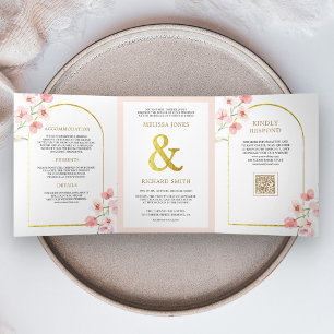 Blush Pink Cherry Blossom Floral QR Code Wedding Tri-Fold Invitation
