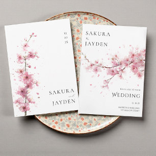 Blush Pink Cherry Blossom Flower Japanese Wedding  Invitation