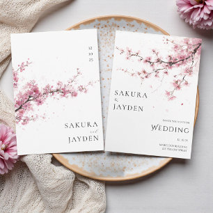 Blush Pink Cherry Blossom Flower Japanese Wedding  Invitation