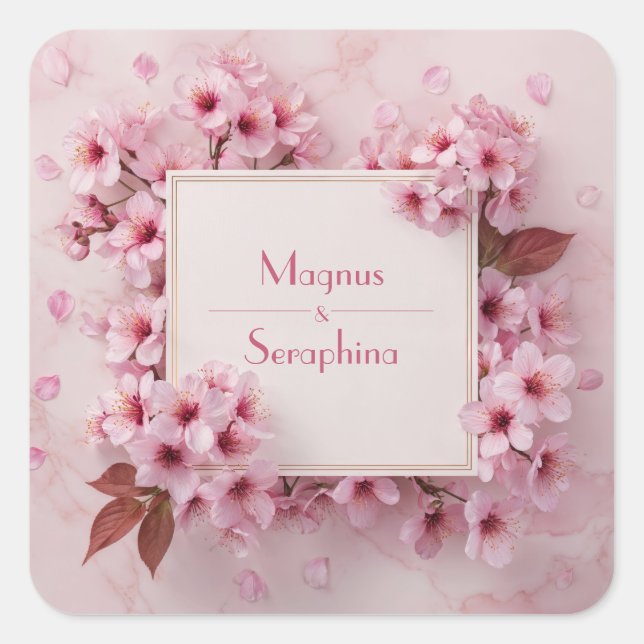 Blush Pink Cherry Blossom Gold Marble Wedding Square Sticker (Front)