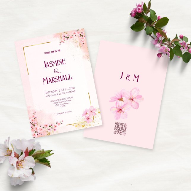 Blush Pink Cherry Blossom Gold Wedding Invitation (Creator Uploaded)