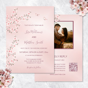 Blush Pink Cherry Blossom Photo Wedding Invitation