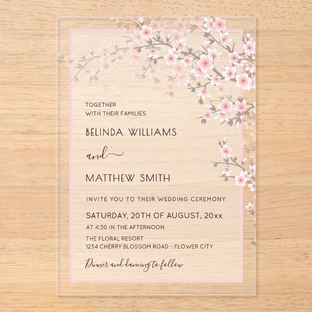Blush Pink Cherry Blossom Wedding Acrylic Invitations (Front)