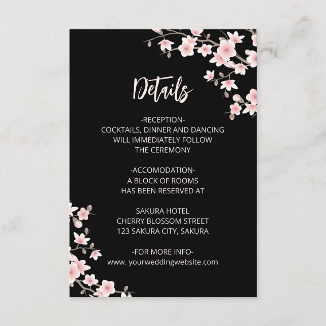 Blush Pink Cherry Blossoms Black Wedding Details Enclosure Card (Front)