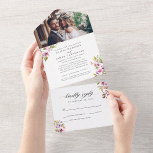 Blush Pink Cherry Blossoms Floral Photo Wedding All In One Invitation