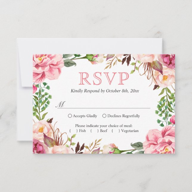 Blush Pink Chic Floral Wreath Wedding RSVP Card (Front)