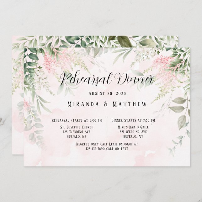 Blush Pink Chic Florals Greenery Rehearsal Dinner Invitation (Front/Back)