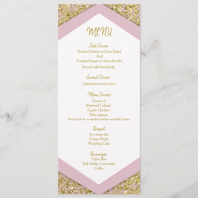 Blush Pink Chic Gold Glitter Flakes Glam Wedding M Menu (Front)