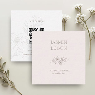 Blush Pink Chic Minimal Floral Square QR Business  Square Business Card
