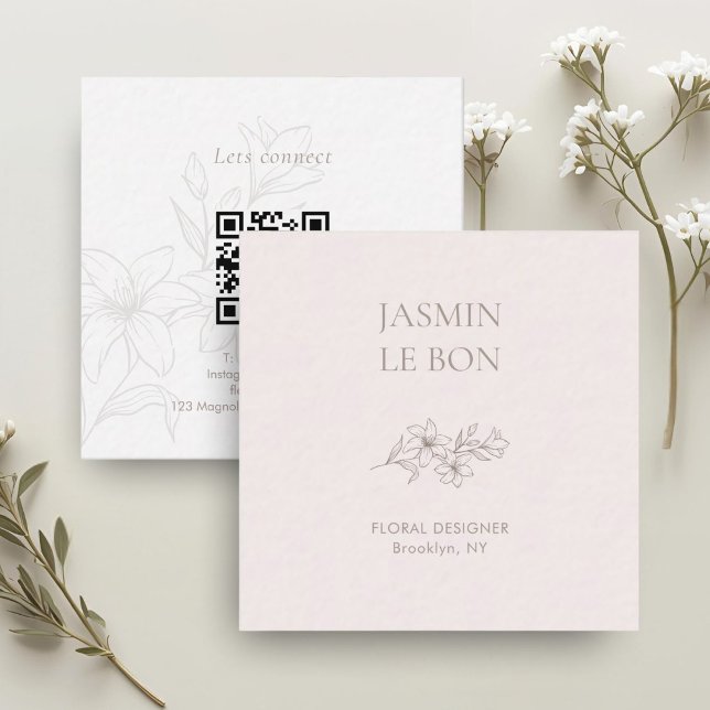 Blush Pink Chic Minimal Floral Square QR Business  Square Business Card (Creator Uploaded)