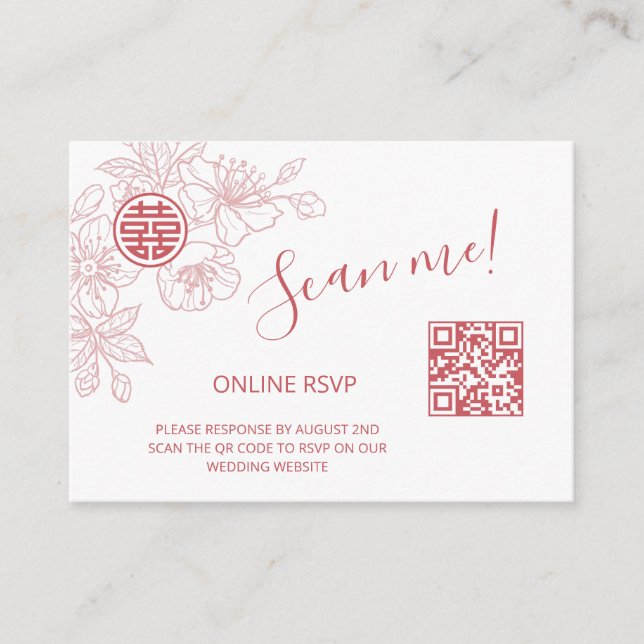  Blush Pink Chinese Wedding QR Code RSVP Online Enclosure Card (Front)