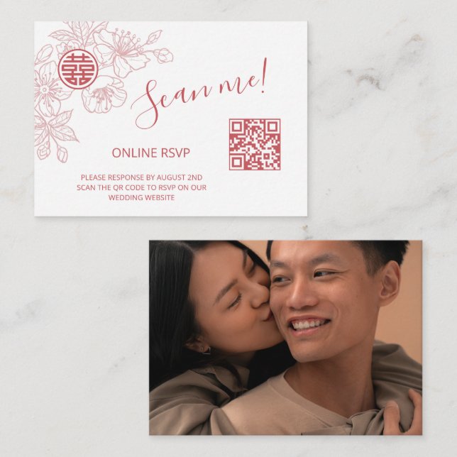  Blush Pink Chinese Wedding QR Code RSVP Online Enclosure Card (Front/Back)
