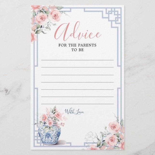 Blush Pink Chinoiserie Ginger Jar Advice Card (Front)