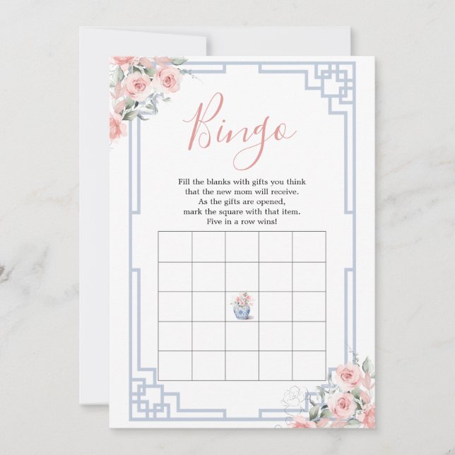 Blush Pink Chinoiserie Ginger Jar Baby Bingo Invitation (Front)