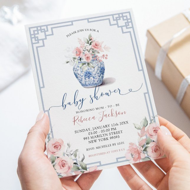 Blush Pink Chinoiserie Ginger Jar Baby Shower Invitation (Creator Uploaded)