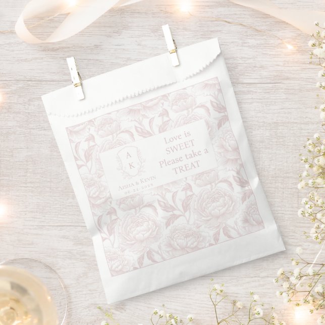 Blush Pink Chinoiserie Peonies Love is Sweet Favour Bags (Clipped)