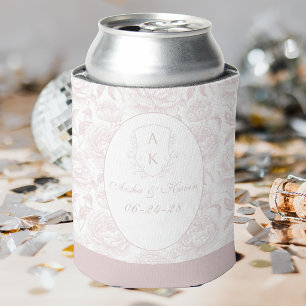 Blush Pink Chinoiserie Peonies Monogram Wedding Can Cooler