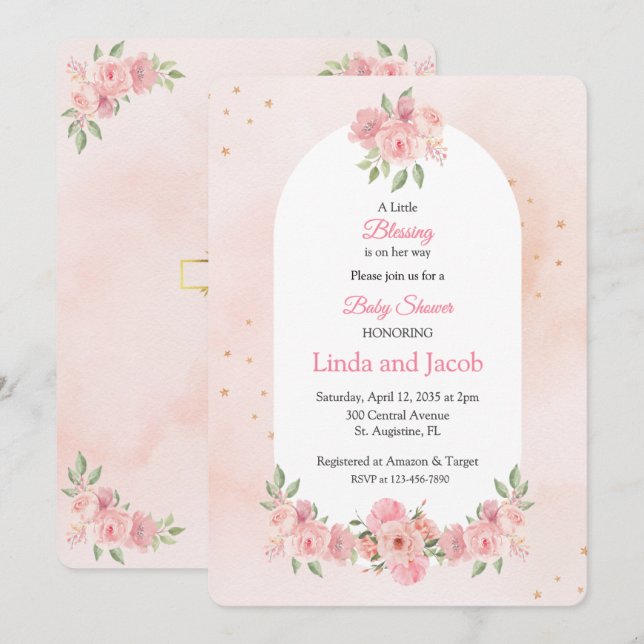 Blush Pink Christian Baby Shower with Gold Cross Invitation (Front/Back)