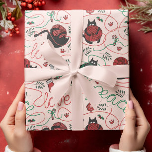Blush Pink Christmas Peace and Love Yarn Kitties Wrapping Paper