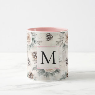 Blush Pink Christmas Pine Cones Floral Monogram Mug