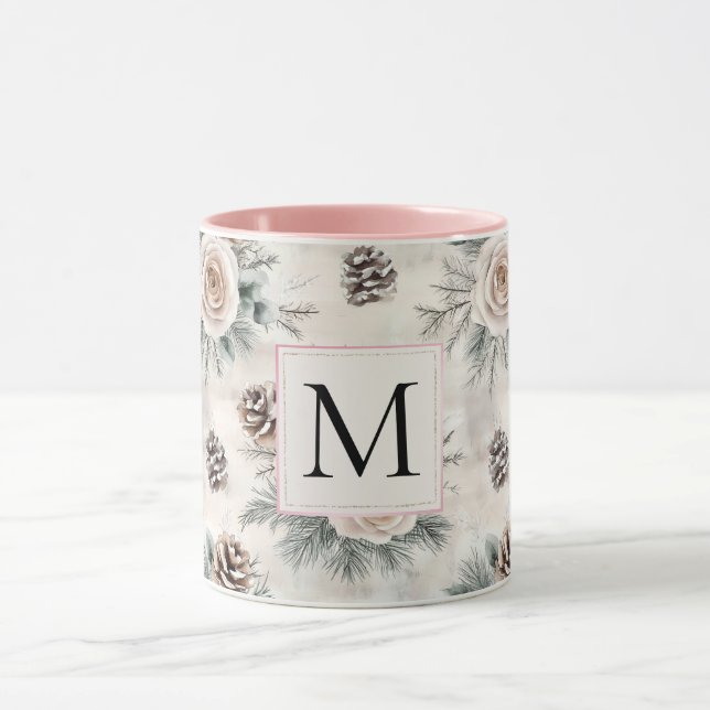 Blush Pink Christmas Pine Cones Floral Monogram Mug (Center)