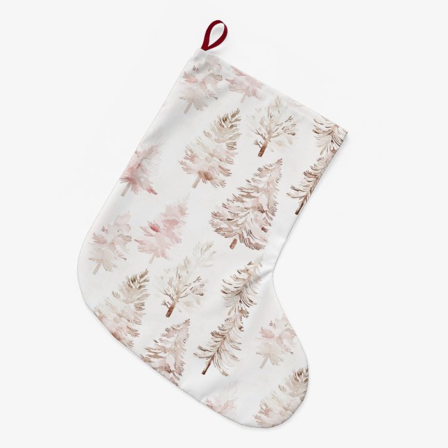 Blush Pink Christmas Trees Large Christmas Stocking (Front (Hanging))