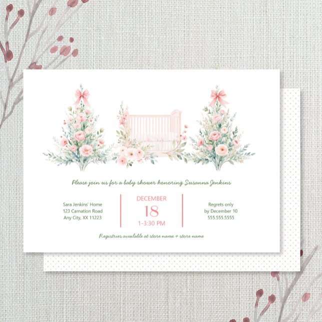 Blush Pink Christmas Trees with crib Baby Shower Invitation (Creator Uploaded)