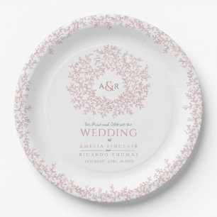 Blush pink circle leaf drawing monogram wedding paper plate