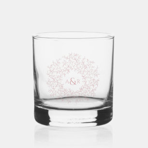 Blush pink circle leaf drawing monogram wedding whiskey glass