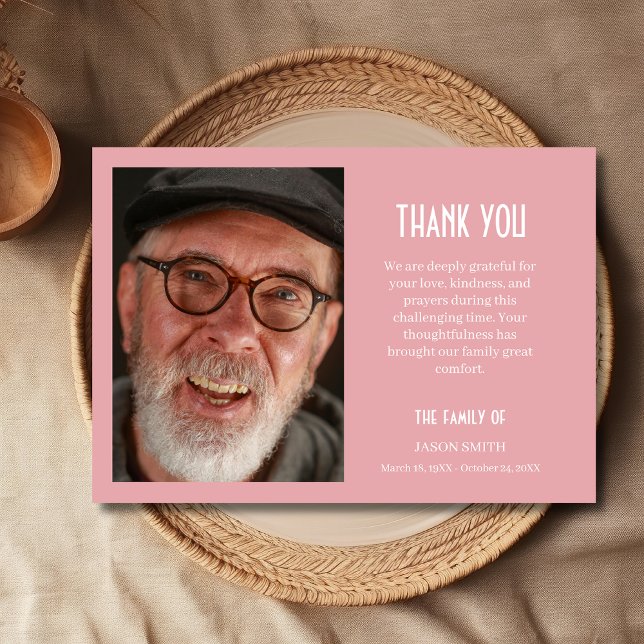 Blush Pink Classic Personalized Photo Funeral  Thank You Card (Creator Uploaded)