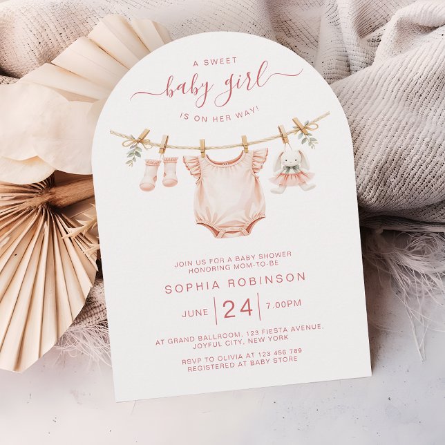 Blush Pink Clothesline Girl Baby Shower Arch Invitation (Creator Uploaded)