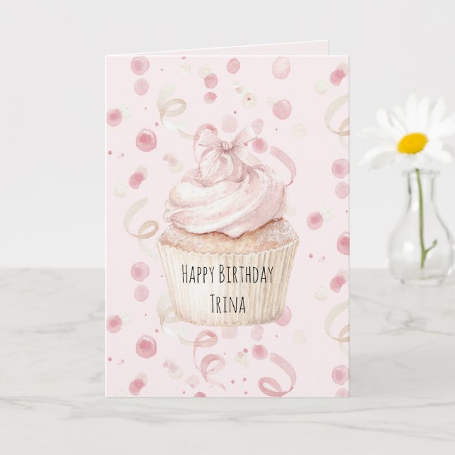 Blush Pink Confetti Cupcake Bow Birthday Card (Small Plant)