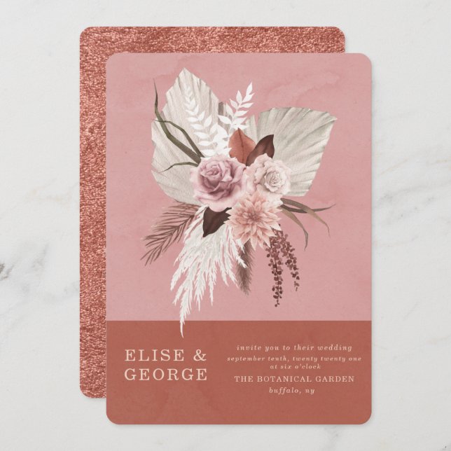 Blush Pink Copper Tropical Pampas Unique Wedding Invitation (Front/Back)