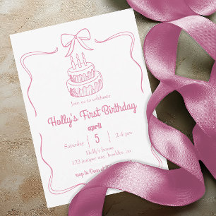 Blush Pink Coquette Bow 1st Birthday Cake Invitation