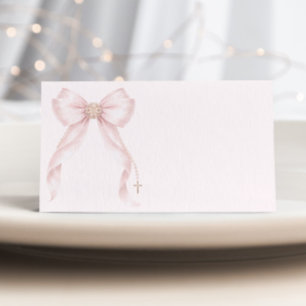 Blush Pink Coquette Bow Baptism Cross Place Card