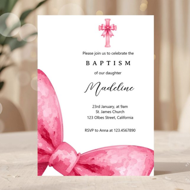 Blush Pink Coquette Bow Girls Baptism Invitation (bow baptism, pink bow invite, christening girl, baptism girl invite, ribbon, pink, minimal, elegant,)