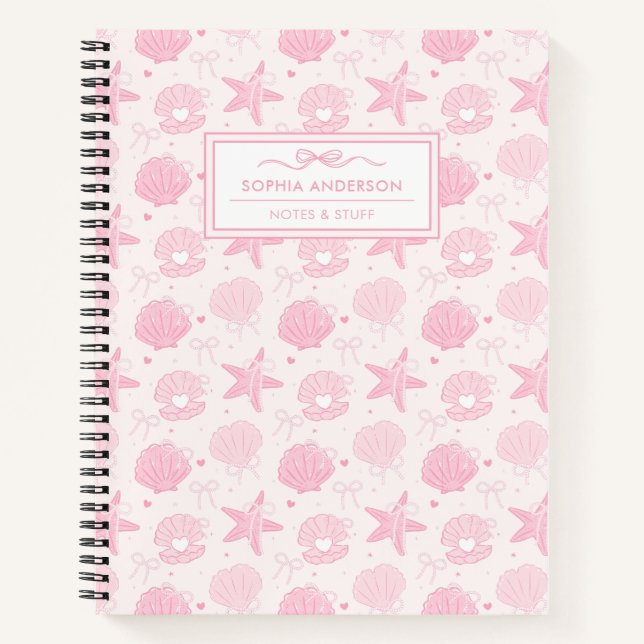 Blush Pink Coquette Pearl Bow & Coastal Custom Notebook (Front)