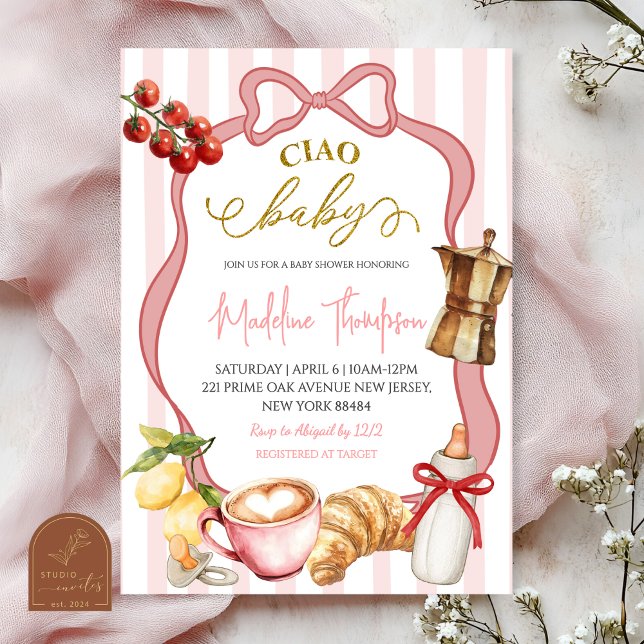 Blush Pink Coquette Stripes Italy Ciao Baby Shower Invitation (Creator Uploaded)