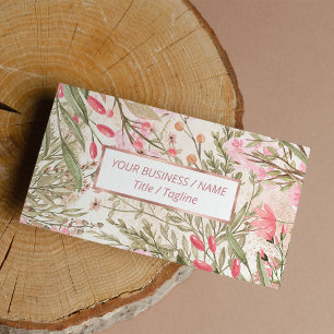 Blush pink coral forest green watercolor floral bu business card