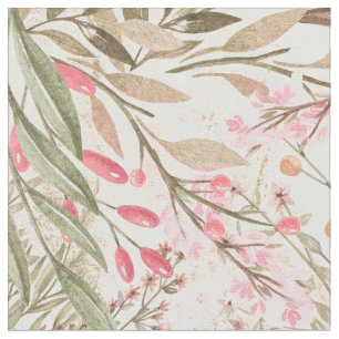 Blush pink coral forest green watercolor floral fabric
