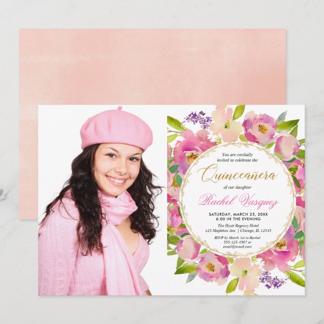 Blush pink coral gold floral Quinceanera photo Invitation (Front/Back)