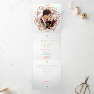 Blush Pink Coral Green Ash Floral Wreath Wedding Tri-Fold Invitation