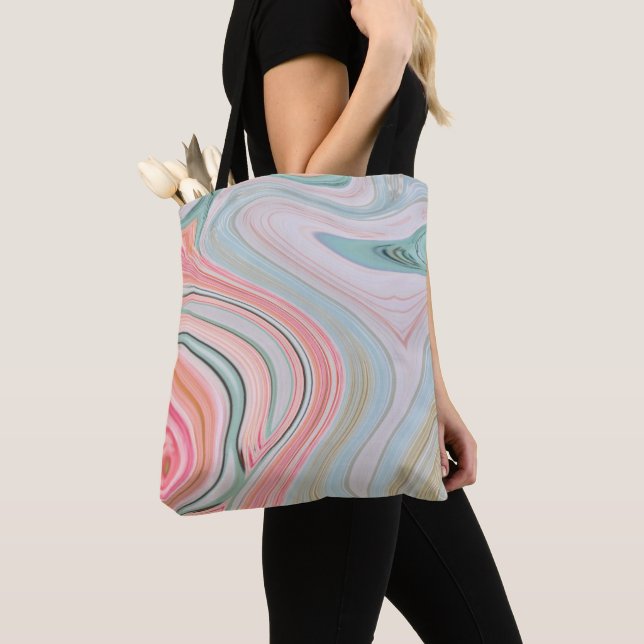 blush pink coral mint green marble swirls rainbow tote bag (Close Up)