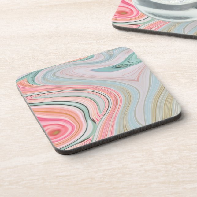 blush pink coral mint green rainbow marble swirls coaster (Left Side)