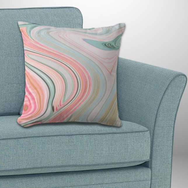 blush pink coral mint green rainbow marble swirls cushion (blush pink coral mint green rainbow marble swirls throw pillow)
