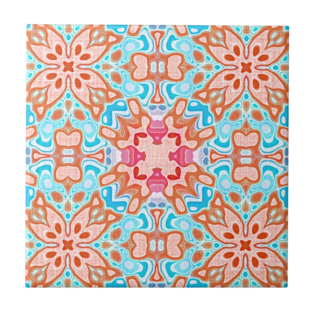 Blush Pink Coral Peach Orange Turquoise Ethnic Art Tile (Front)