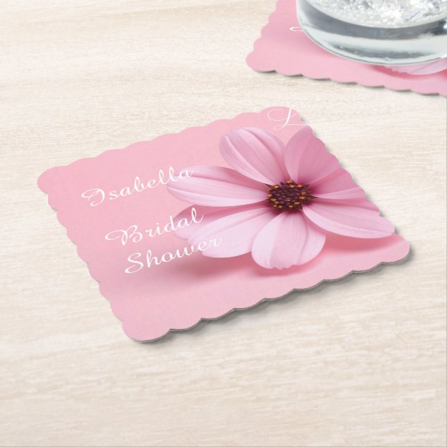 Blush Pink Cosmos Floral Script Bridal Shower Paper Coaster (Angled)